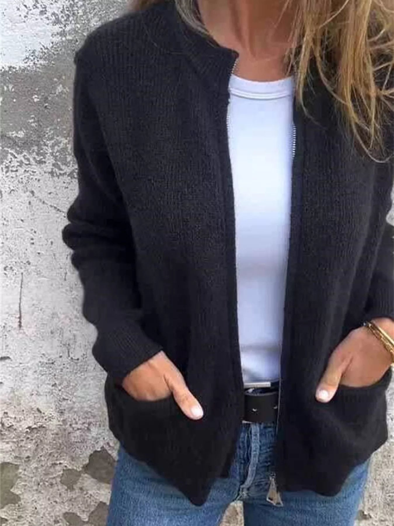 Full Size Zip Up Ribbed Knit Cardigan with Front Pockets Plus Size