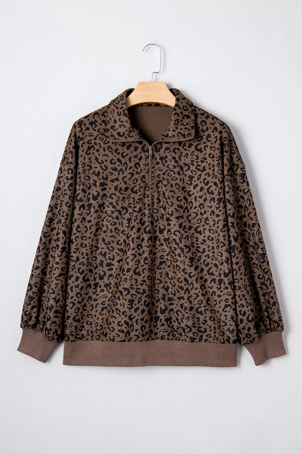 Leopard Print Quarter Zip Corduroy Sweatshirt