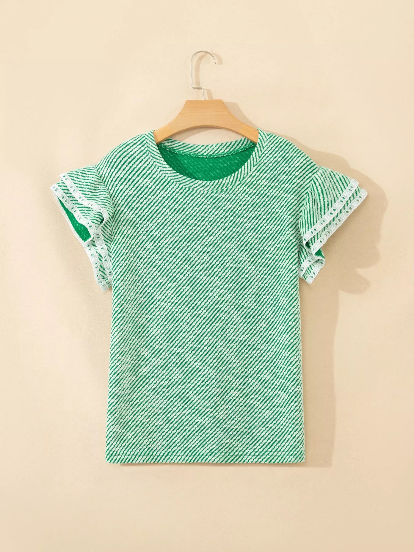Twilled Print Lace Trim Ruffled Short Sleeve Blouse
