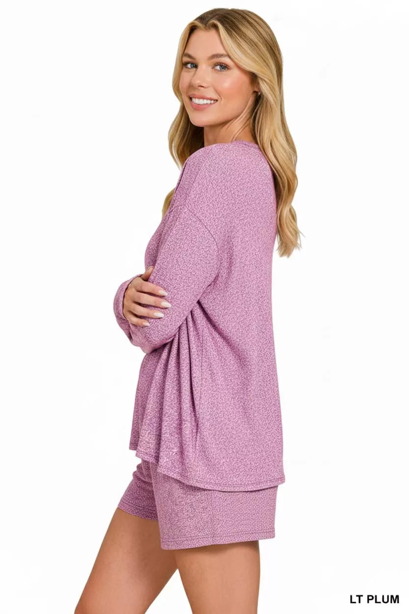 Zenana Soft Melange Long Sleeve Tee and Shorts Set