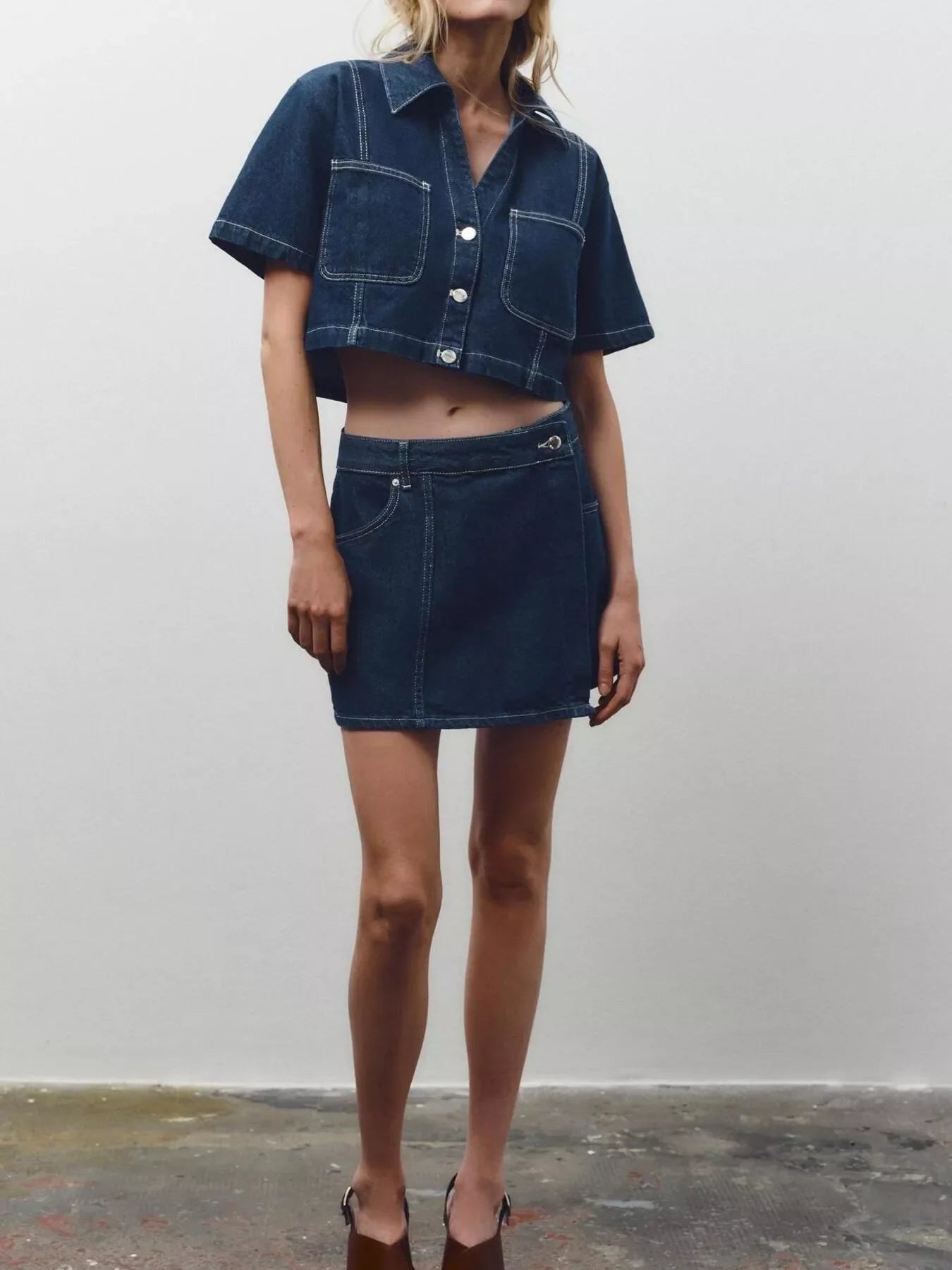 Button Up Short Sleeve Top and Skort Denim Set