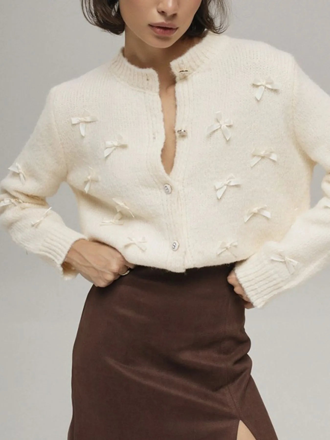 Bow Button Up Long Sleeve Cardigan