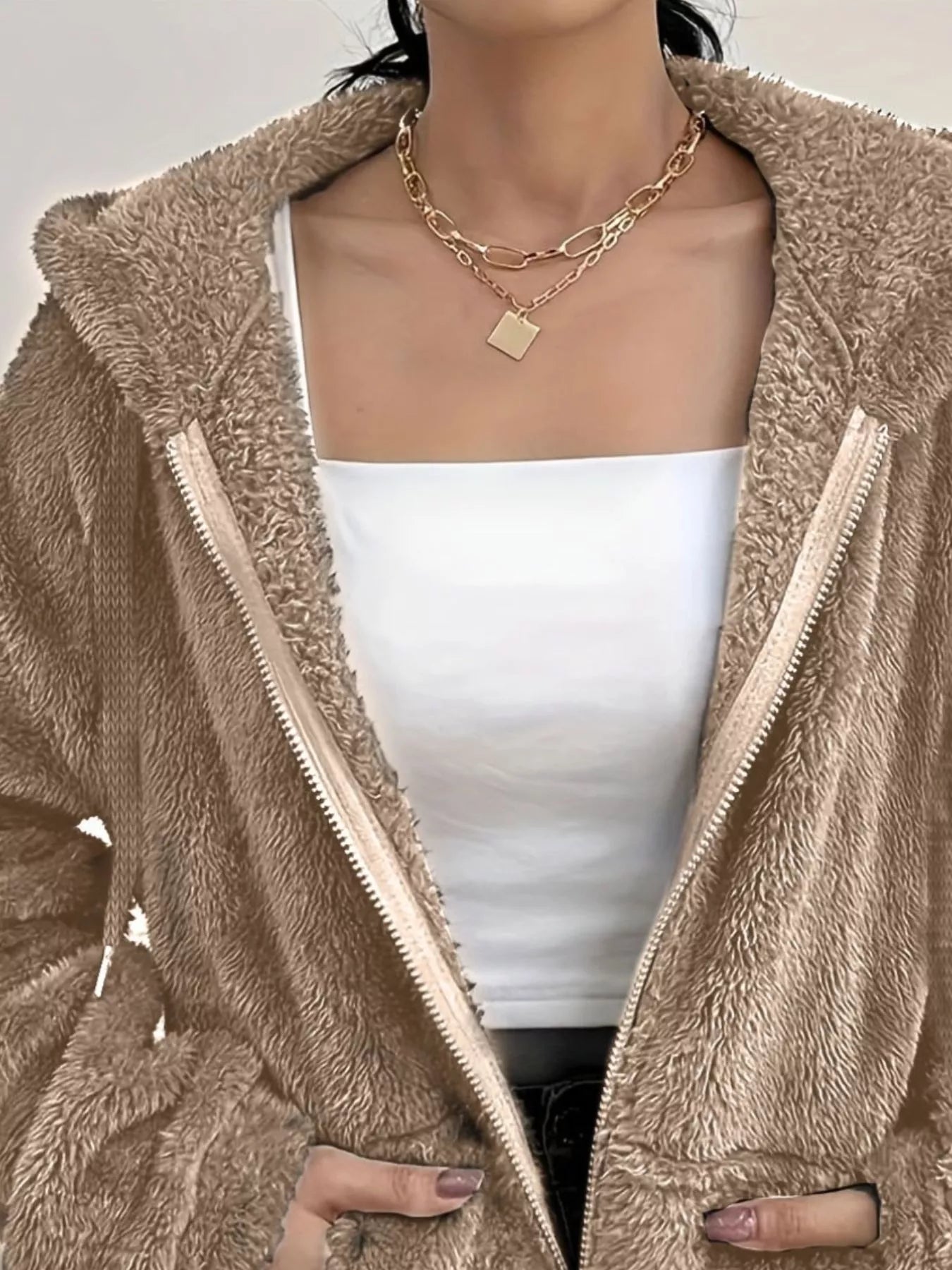 Drawstring Fleece Zip-Up Outerwear