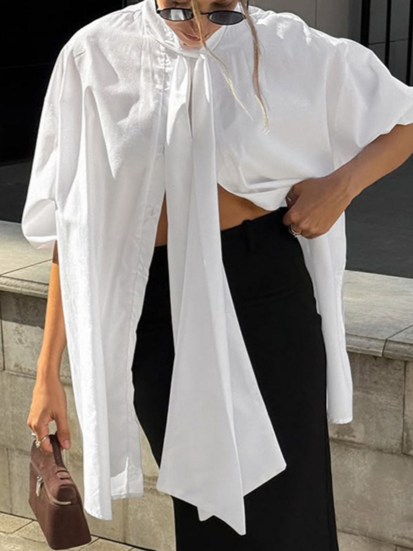 Tied Button Up Puff Sleeve Shirt