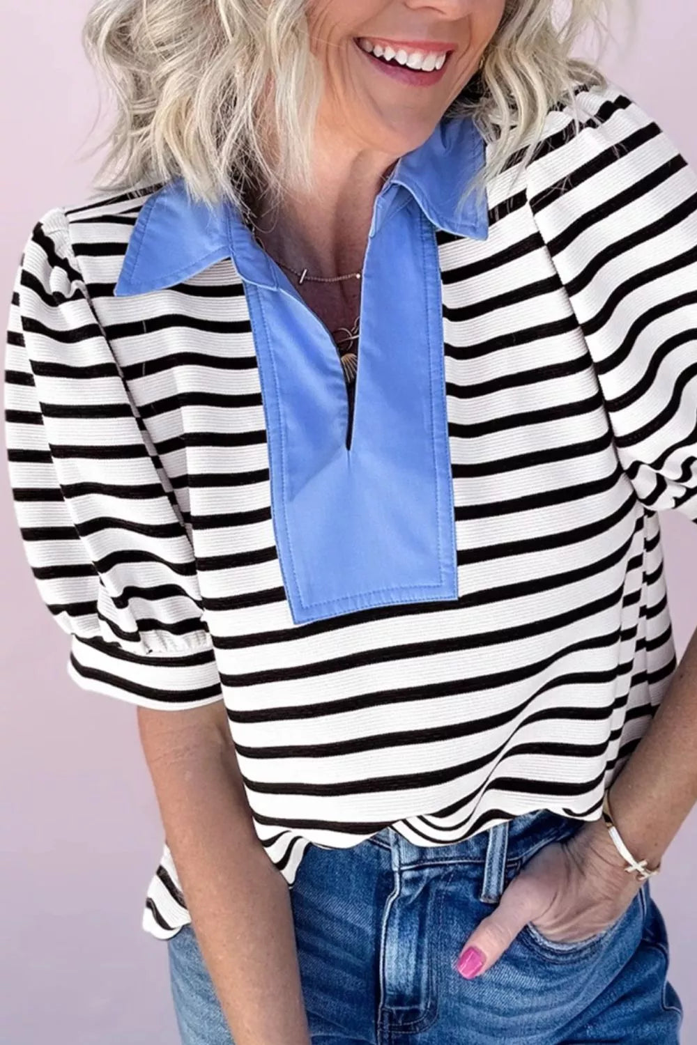 Striped Puff Sleeve Blouse with Contrast Collar