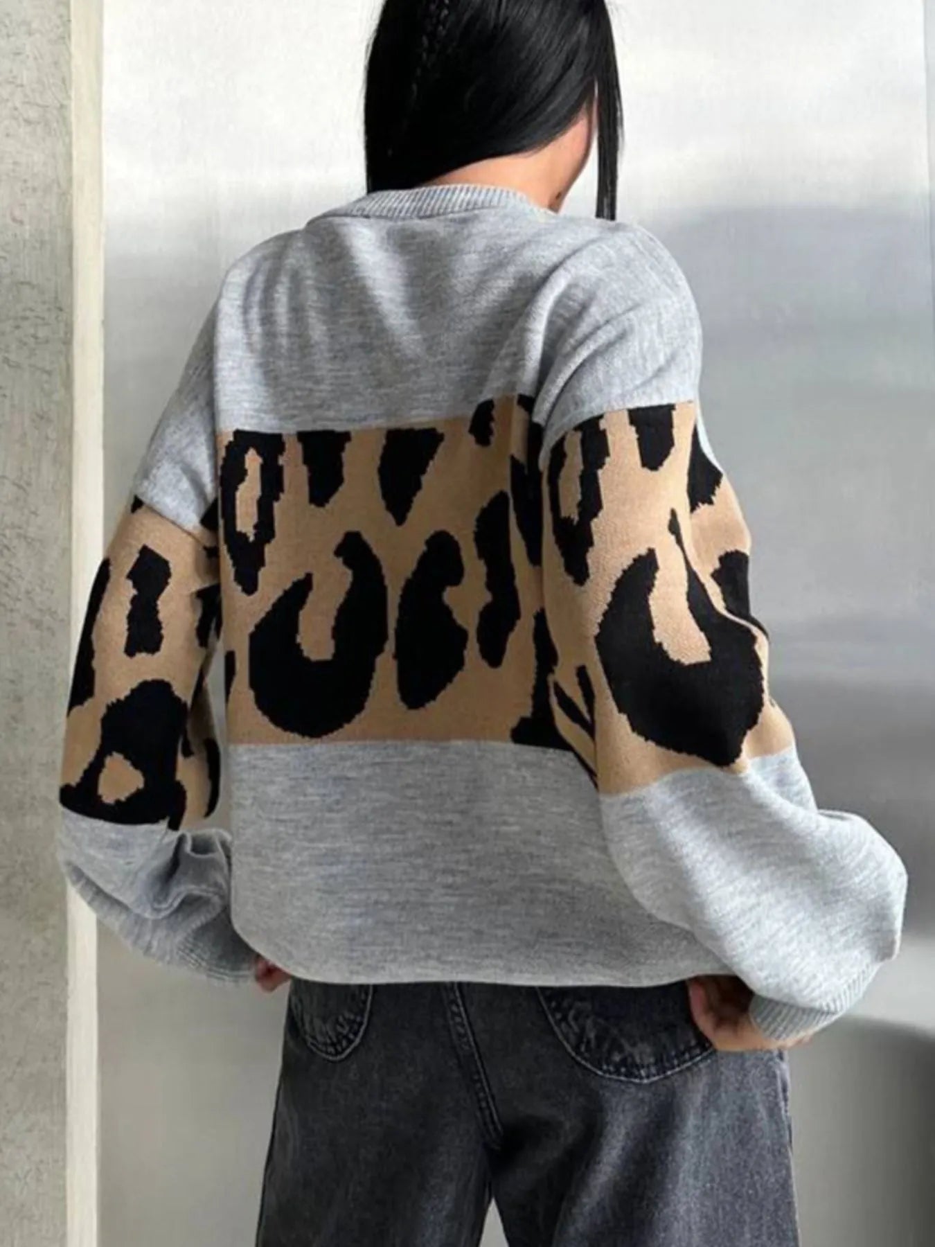 Leopard Color Block Round Neck Sweater