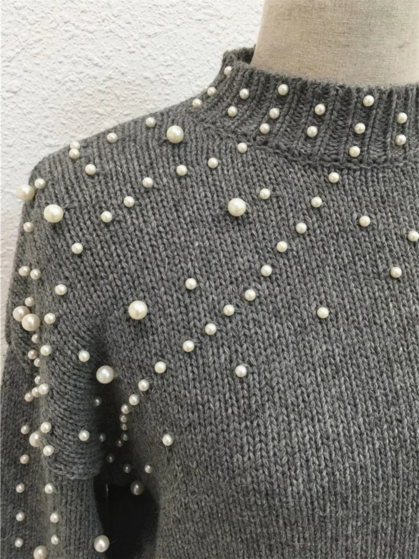 Pearl-Embellished Mock Neck Sweater