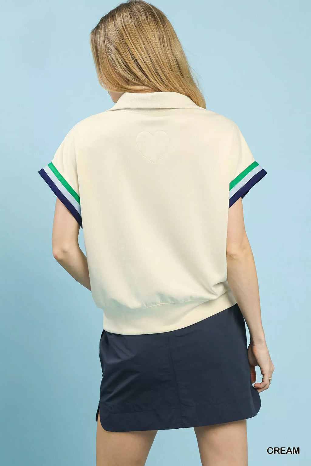 Umgee Zip Front Casual Top with Contrast Stripe Trim