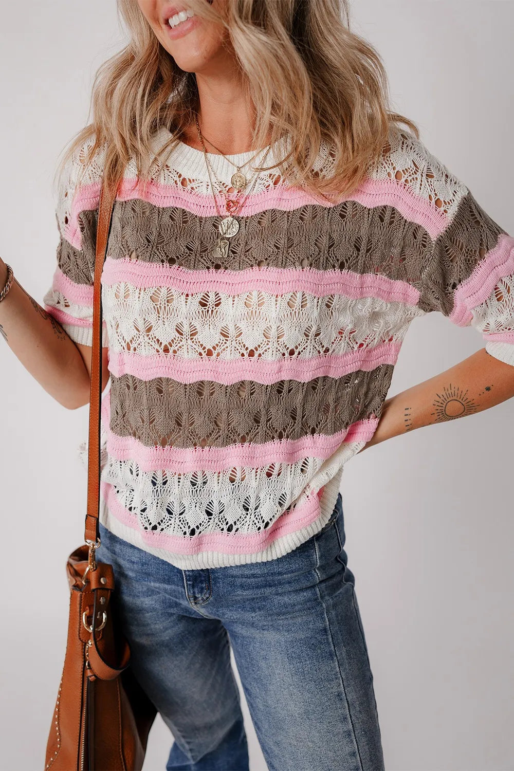 Color Block Openwork Half Sleeve Sweater