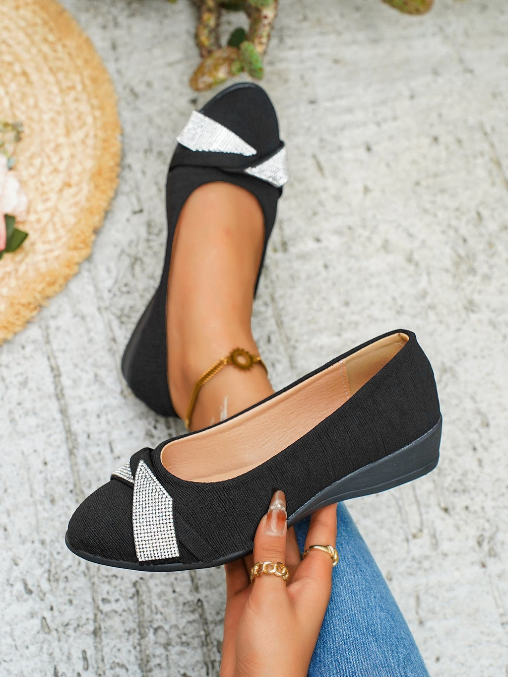 Rhinestone Embellished Wedge Slip-Ons