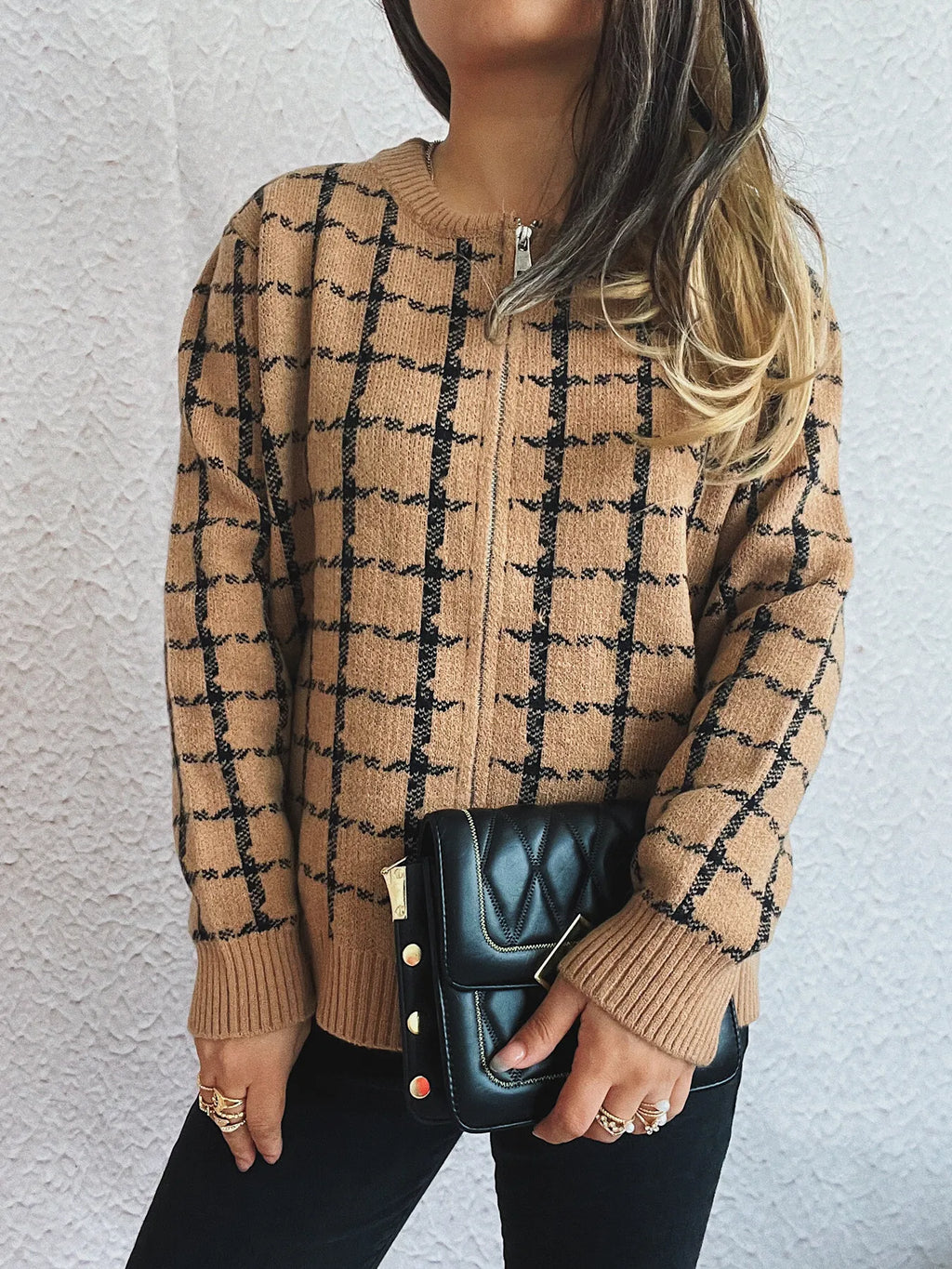 Plaid Pattern Zip Up Cardigan
