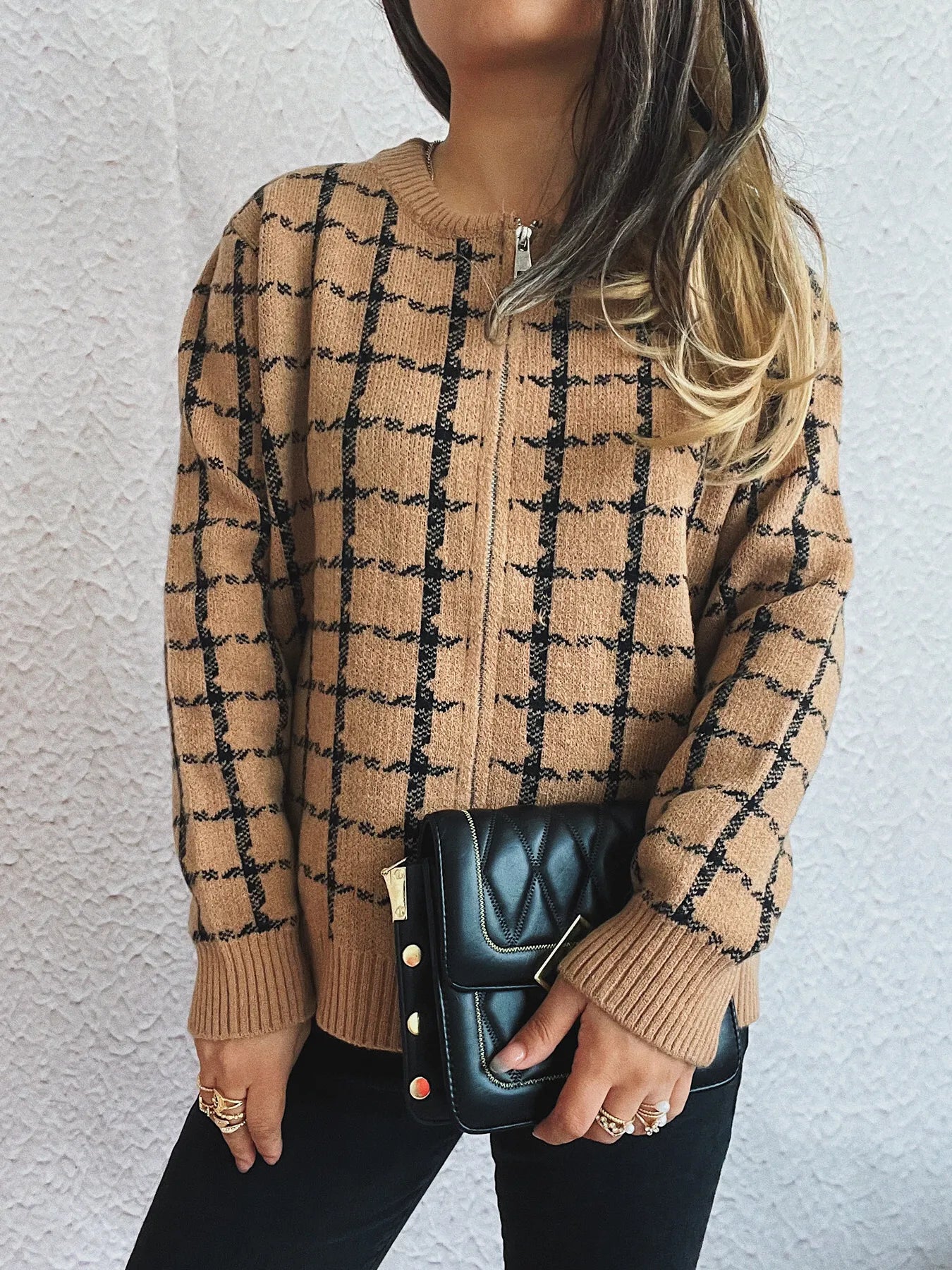 Plaid Pattern Zip Up Cardigan