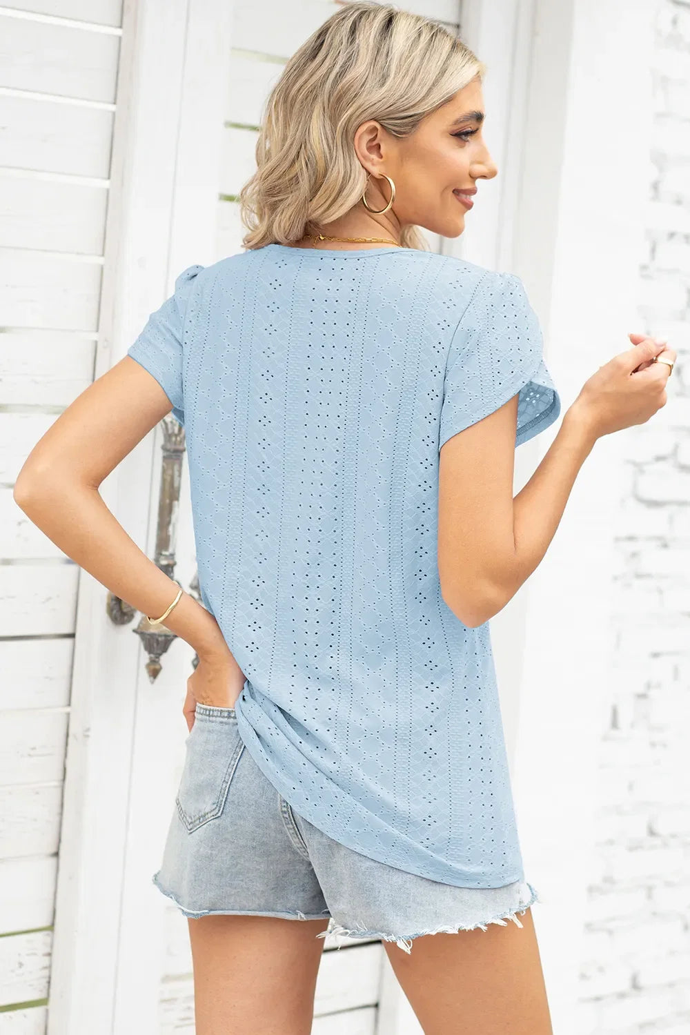 Eyelet Notched Petal Sleeve Blouse