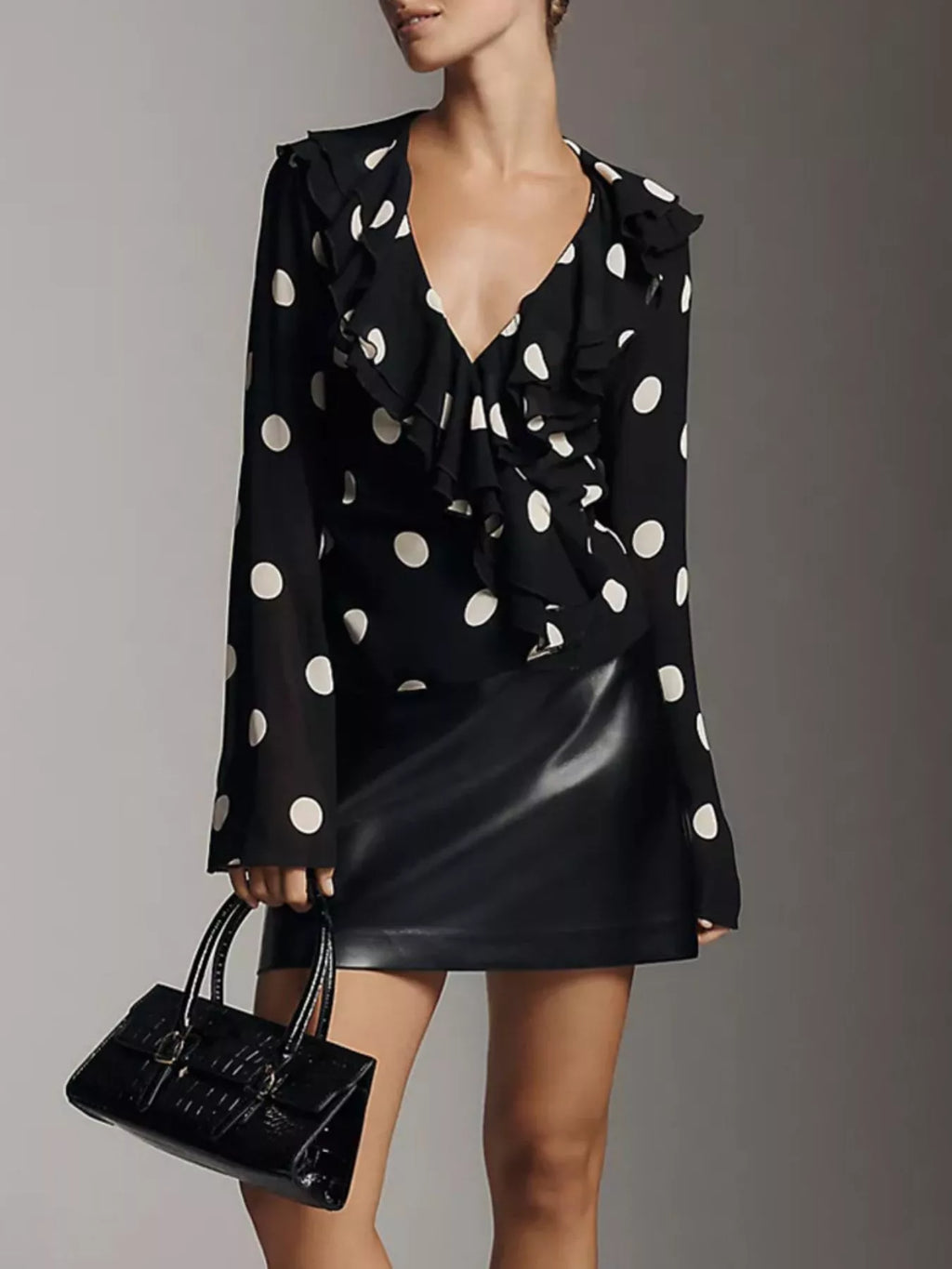 Polka Dot Ruffle V-Neck Blouse