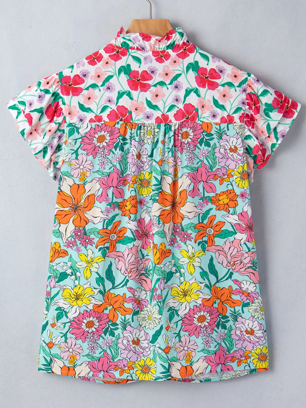 Floral Print Split Neck Button Front Flutter Sleeve Blouse