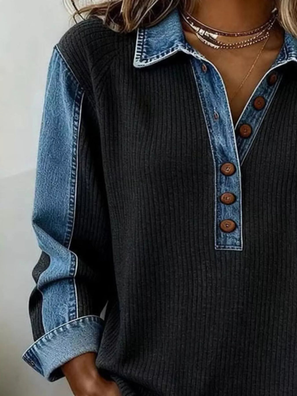 Denim Trim Button Detail Sweatshirt