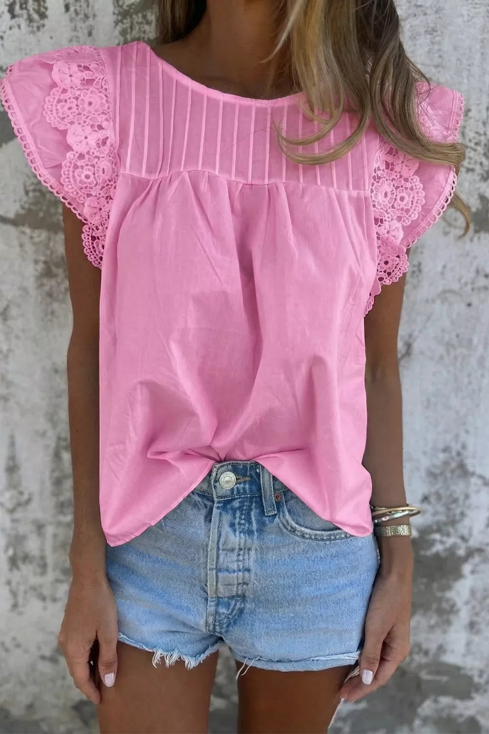 Lace Detail Flutter Sleeve Pleated Round Neck Blouse