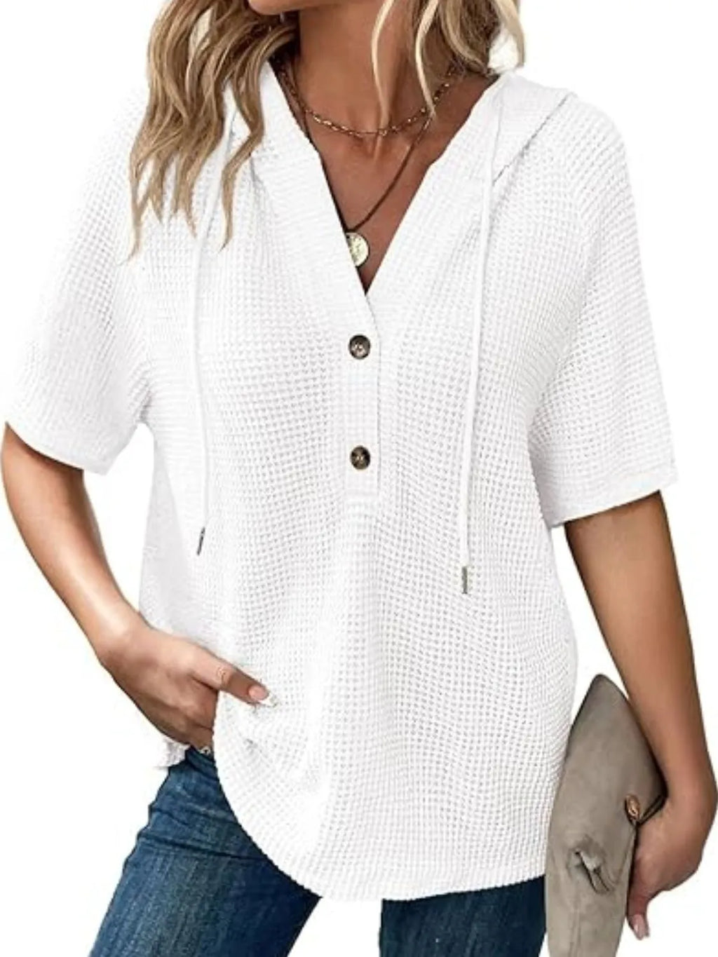 Drawstring Waffle-Knit Short Sleeve Hooded Top