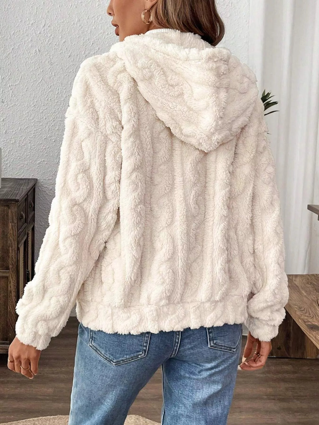 Drawstring Zip-Up Fleece Hooded Outerwear