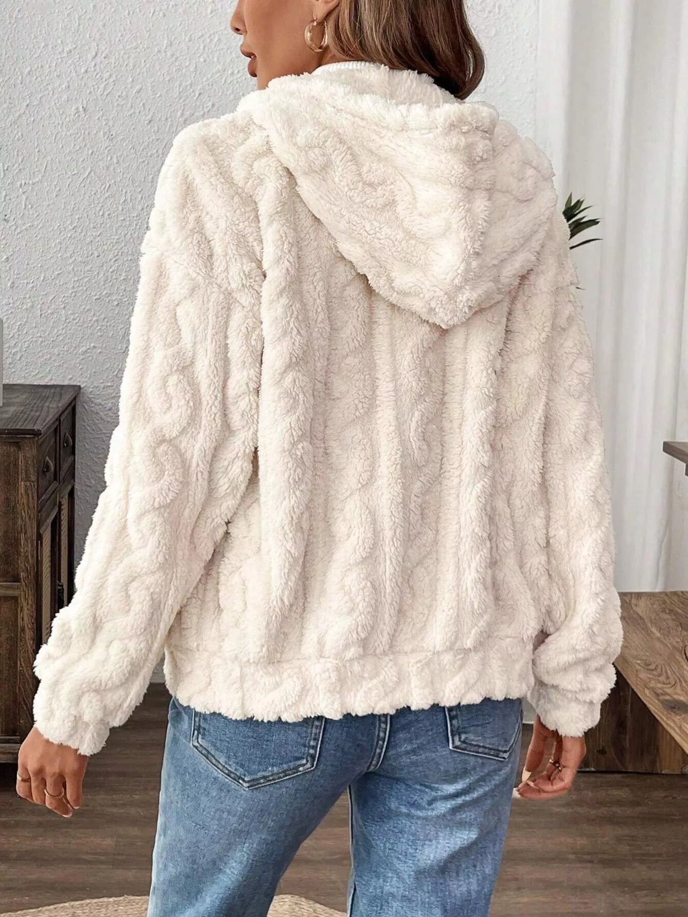 Drawstring Zip-Up Fleece Hooded Outerwear