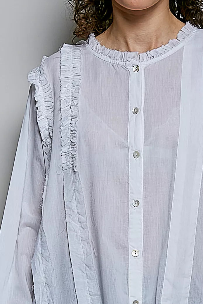 POL Lightweight Ruffle Trim Round Neck Woven Shirt