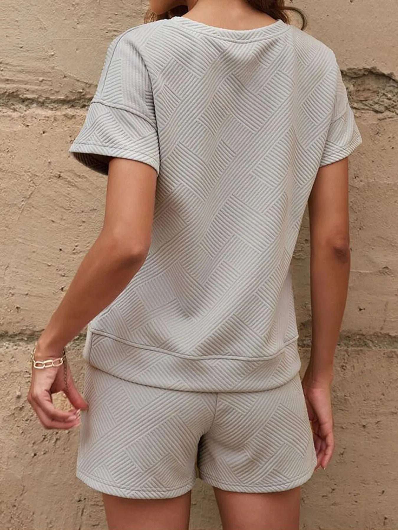 Textured Round Neck Top and Shorts Two-Piece Set