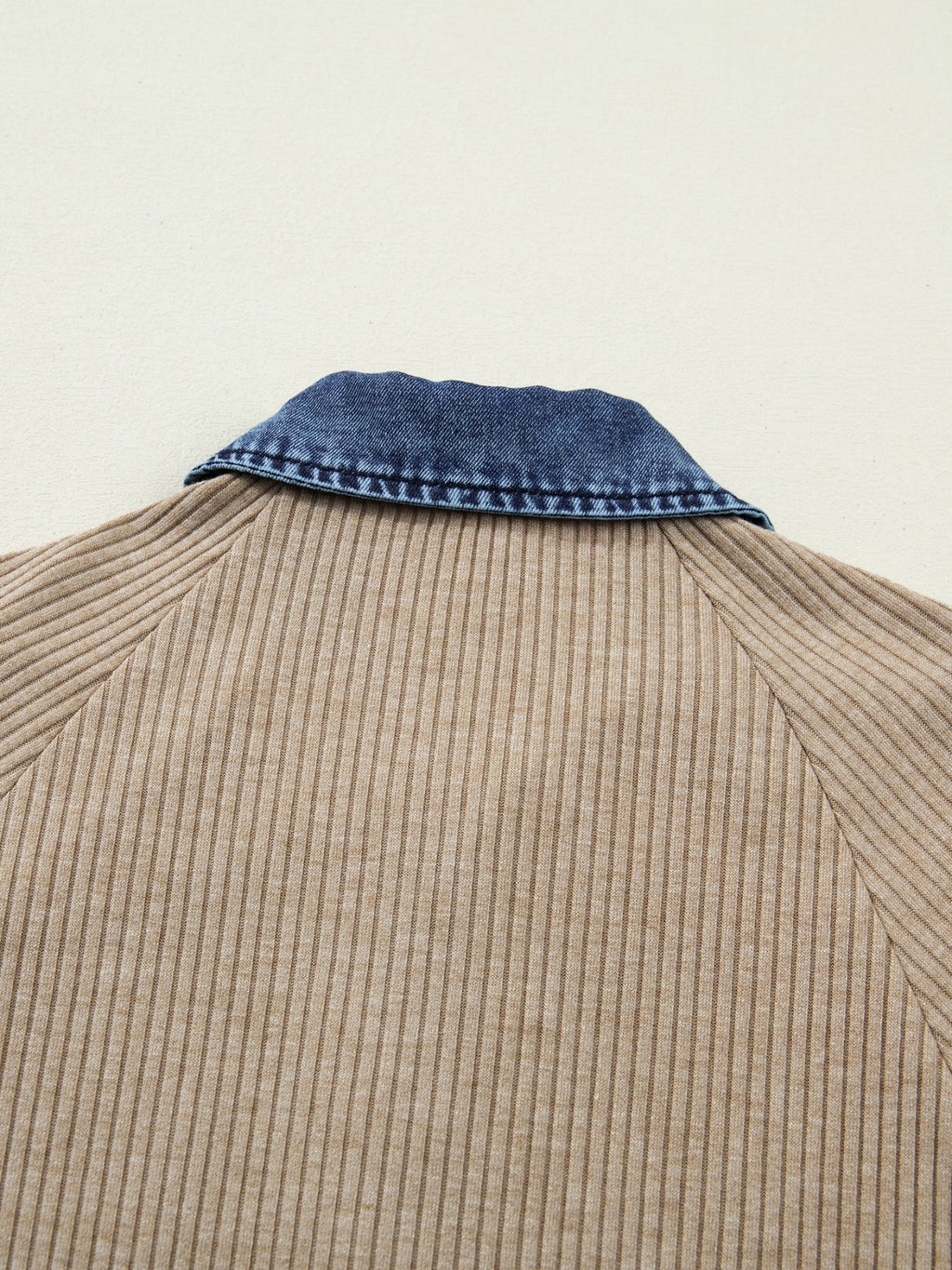 Ribbed Knit Denim Trim Button Detail Top