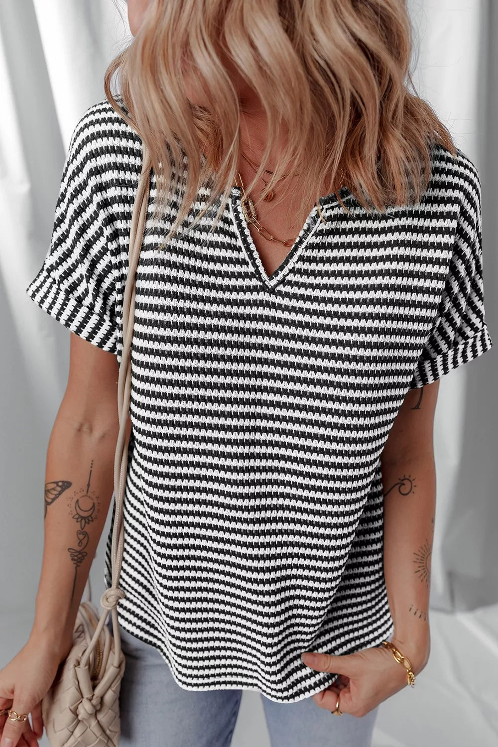 Stripe Textured Knit Notched Neck Cuffed Short Sleeve Top