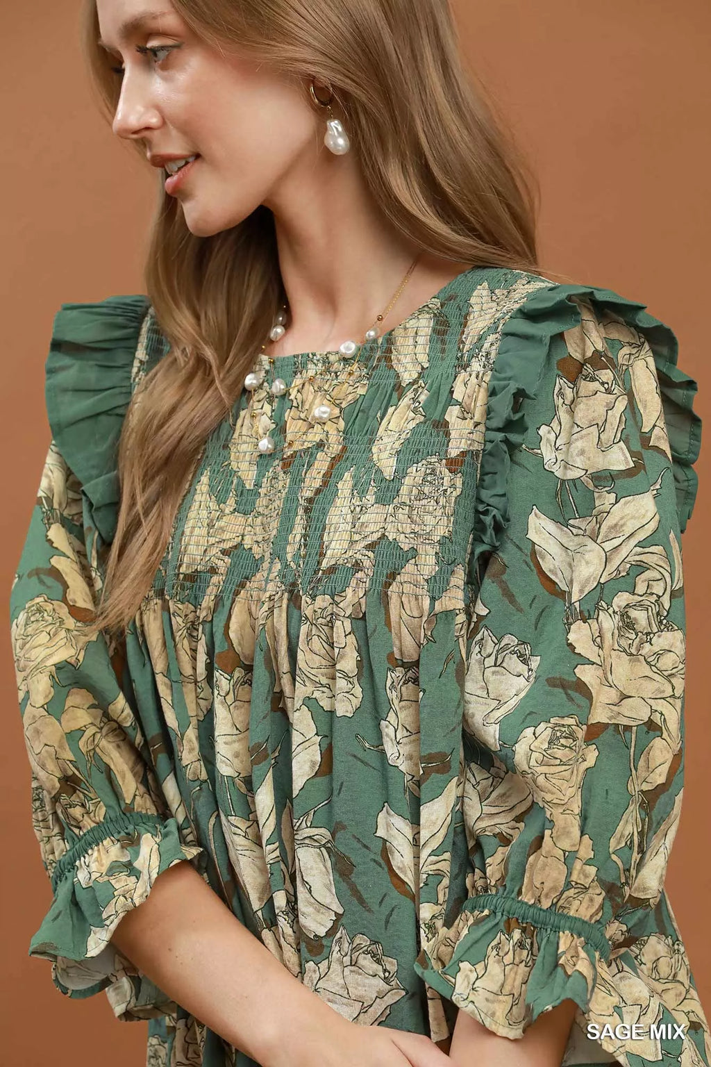 Umgee Mix Floral Print Smocked Ruffle Detail Flowy Dress