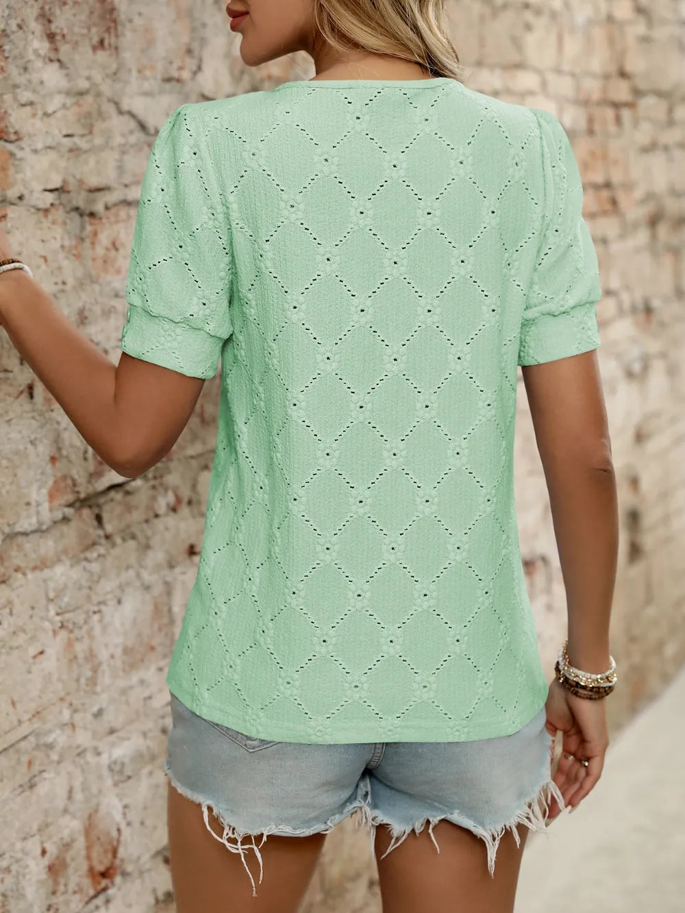 Eyelet Round Neck Short Sleeve Top