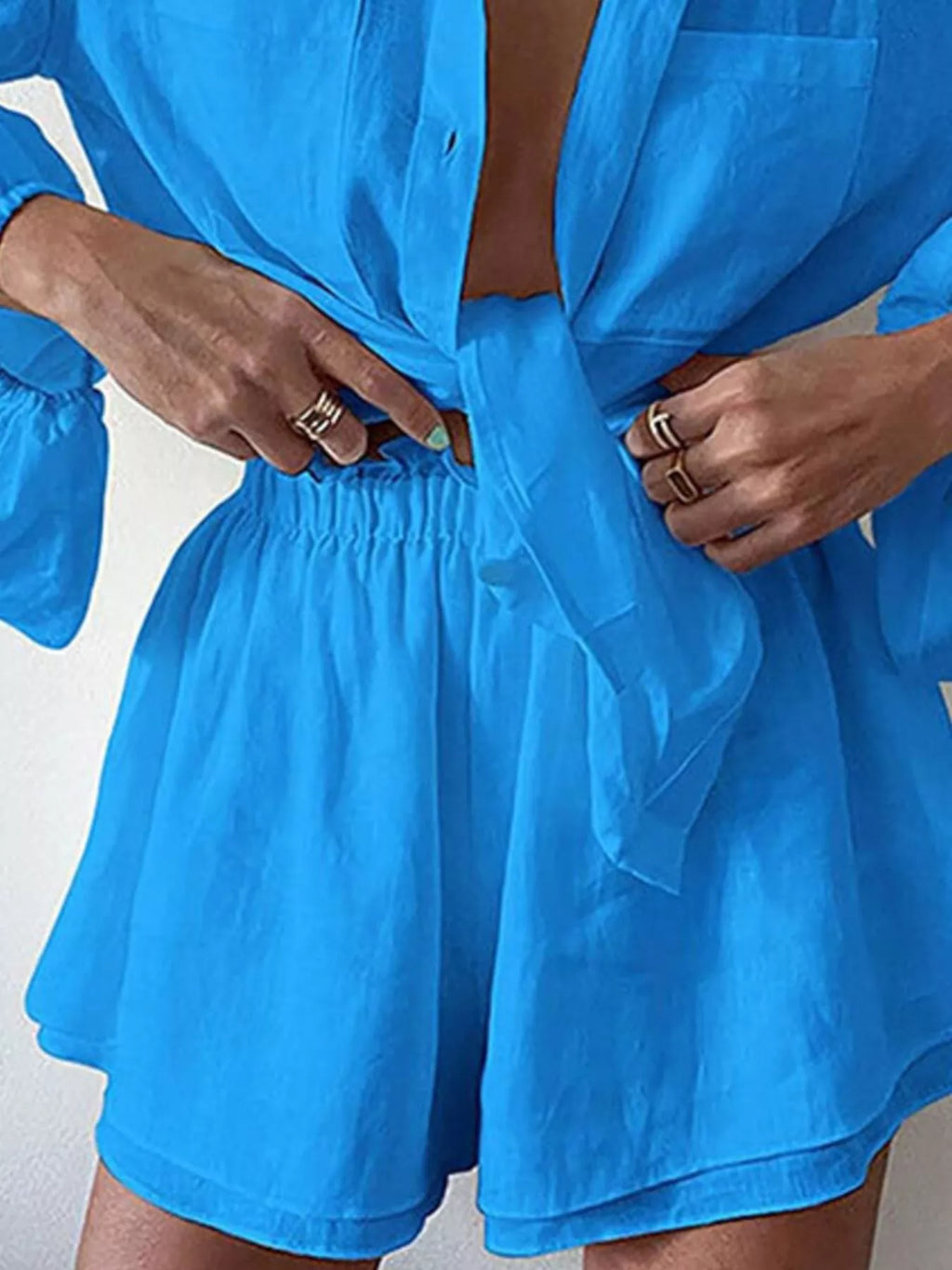 Button Up Long Sleeve Shirt and Shorts Set