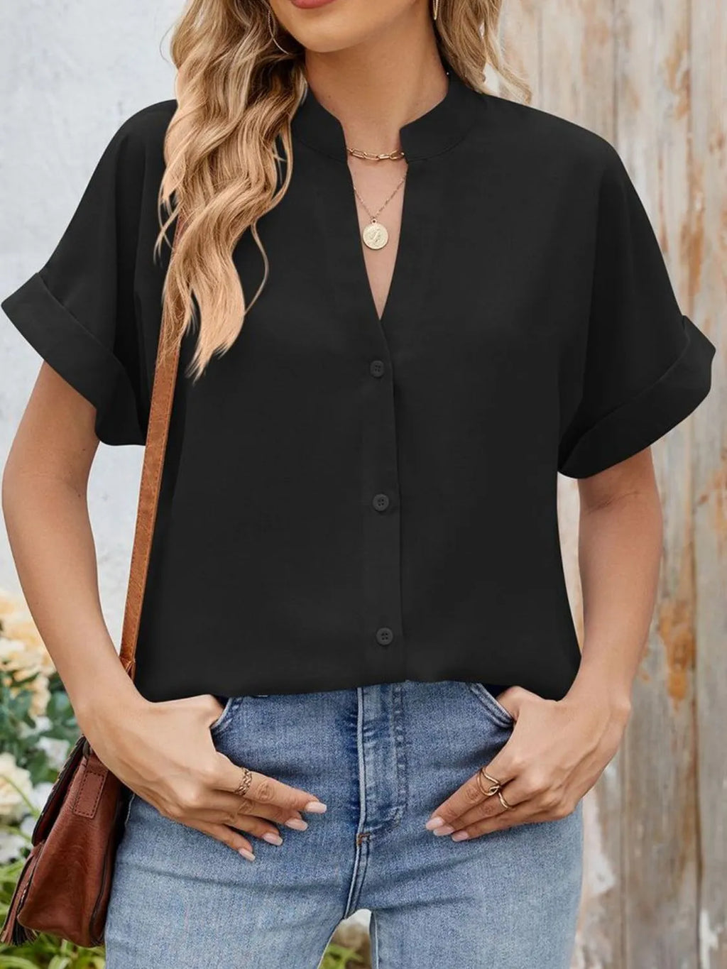 Notched Short Sleeve Blouse