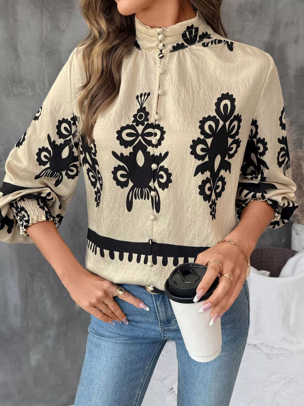 Printed Notched Lantern Sleeve Blouse