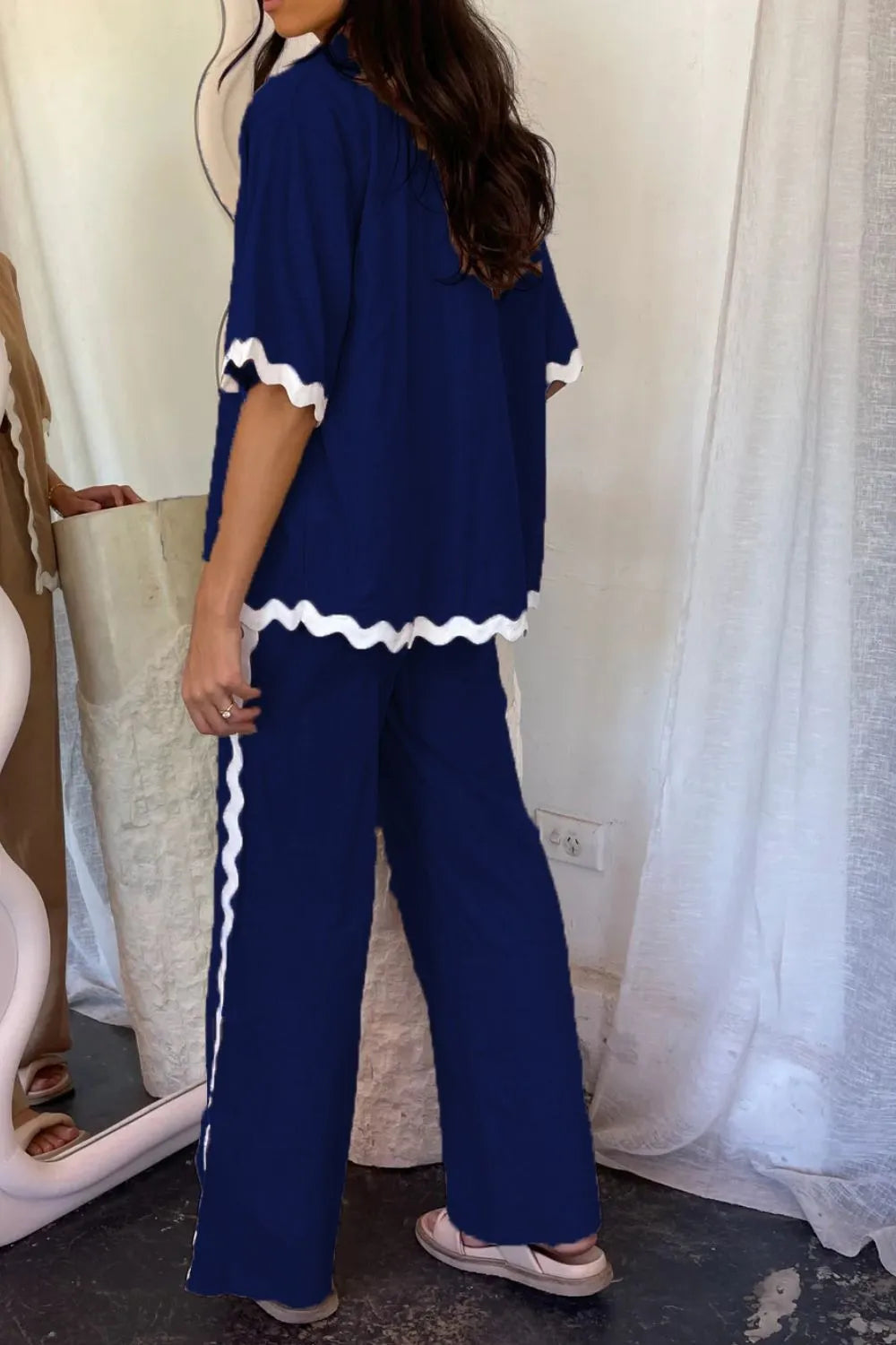 Contrast Trim Half Sleeve Top and Pants Set