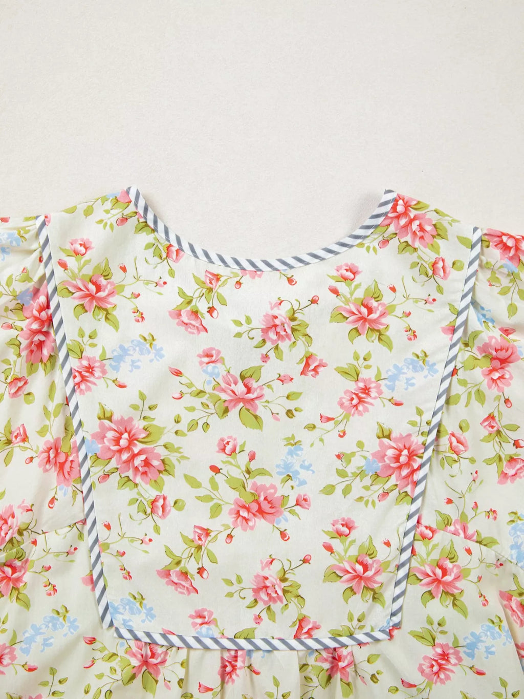 Striped Edge 3/4 Puff Sleeve Floral Dress