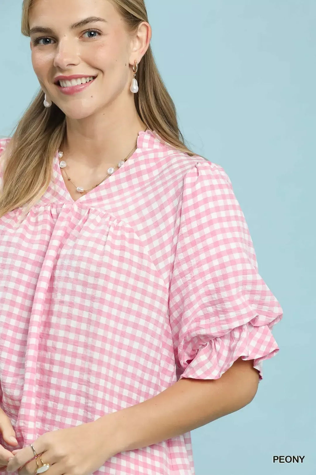Umgee Gingham Check Blouse with Ruffle Sleeves