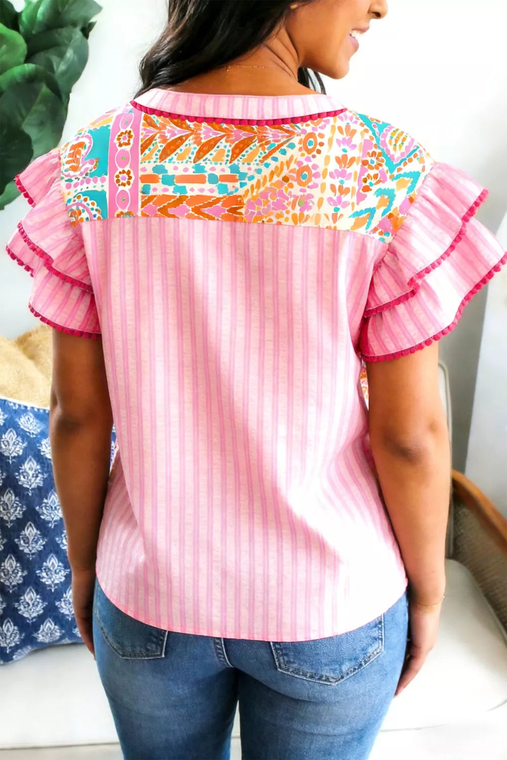 Mixed Print Contrast Trim Striped Patchwork Tiered Short Sleeve Blouse