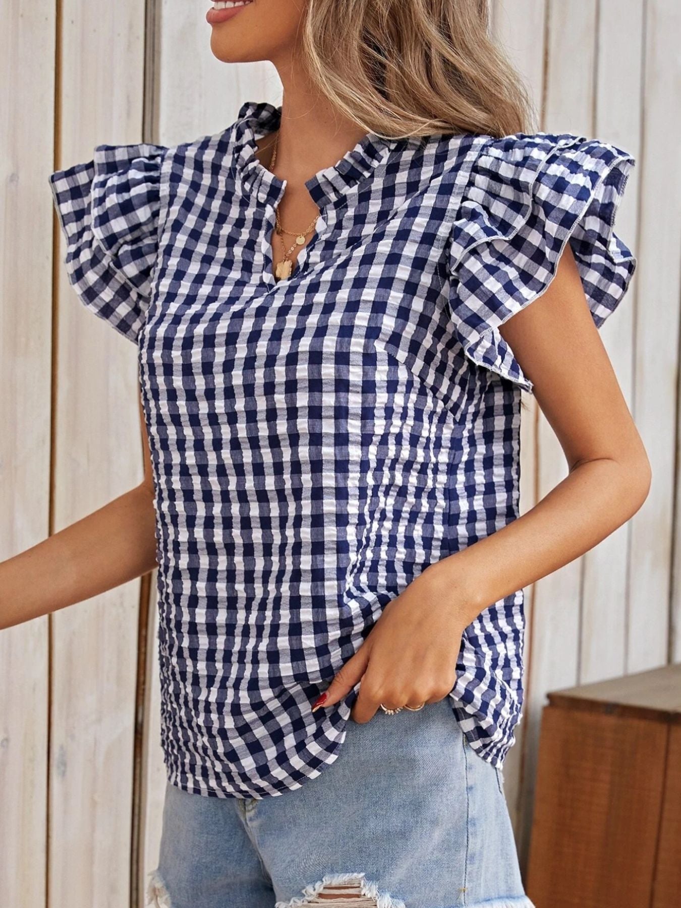 Gingham Ruffle Sleeve Blouse