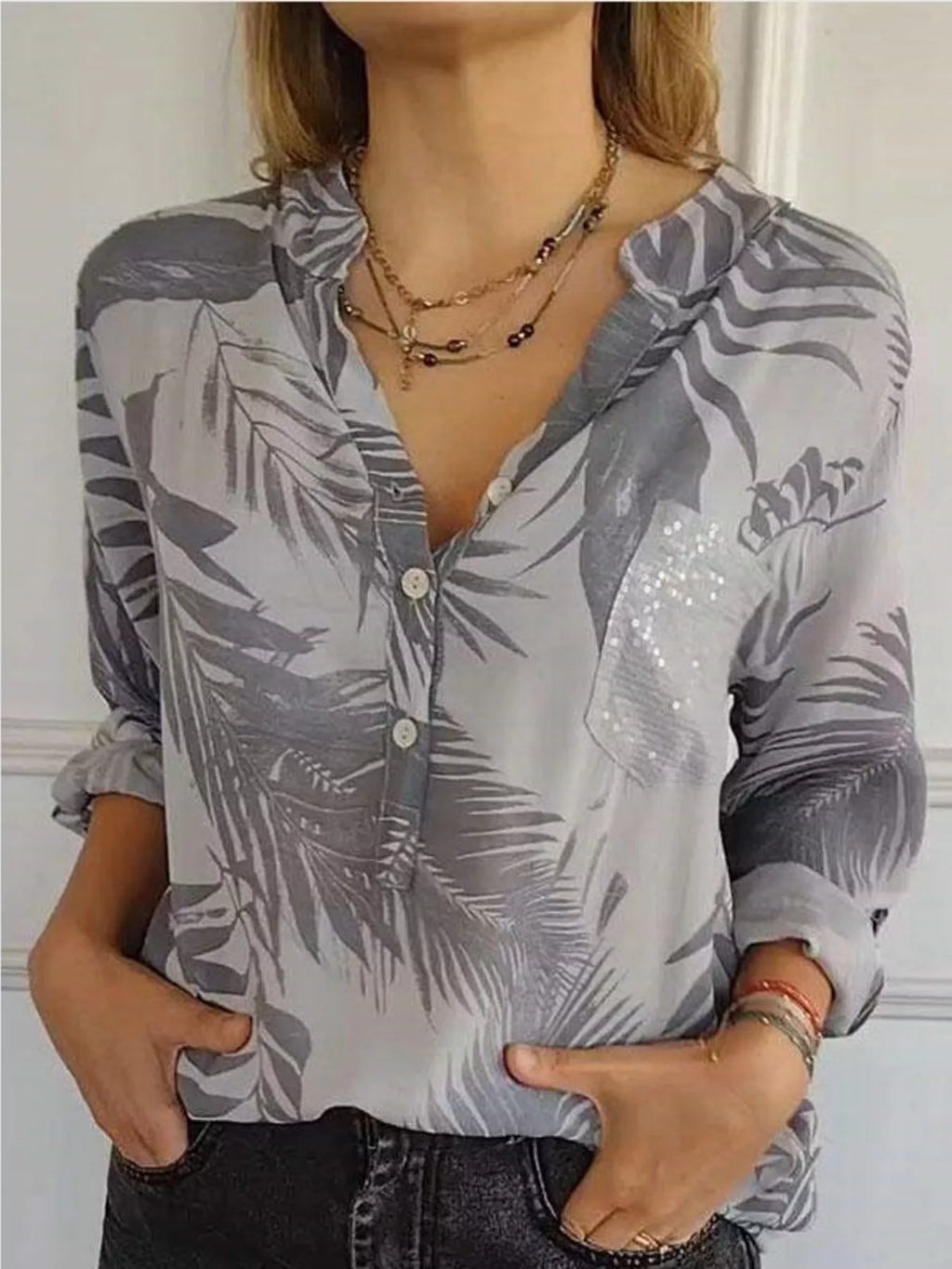 Full Size Printed Button Detail Long Sleeve Blouse Plus Size