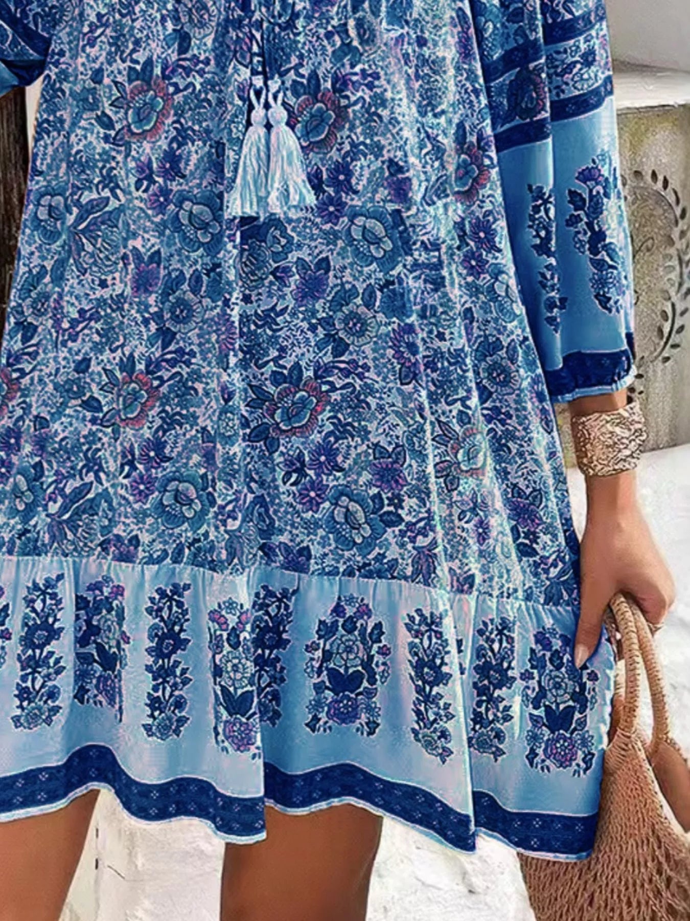 Floral Print Tassel Tie Neck Mini Dress