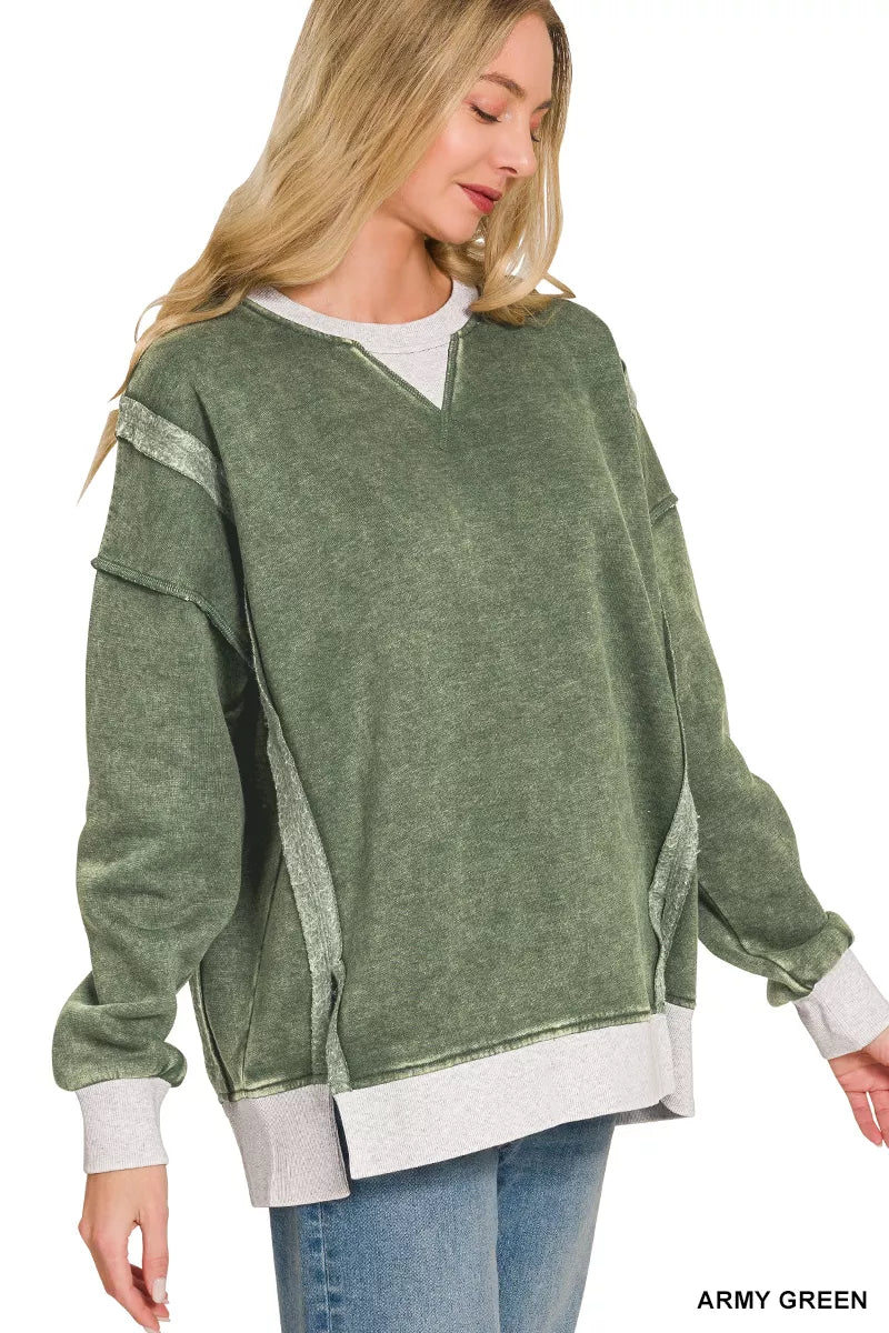 Zenana Fleece Acid Washed Contrast Trim Sweatshirt