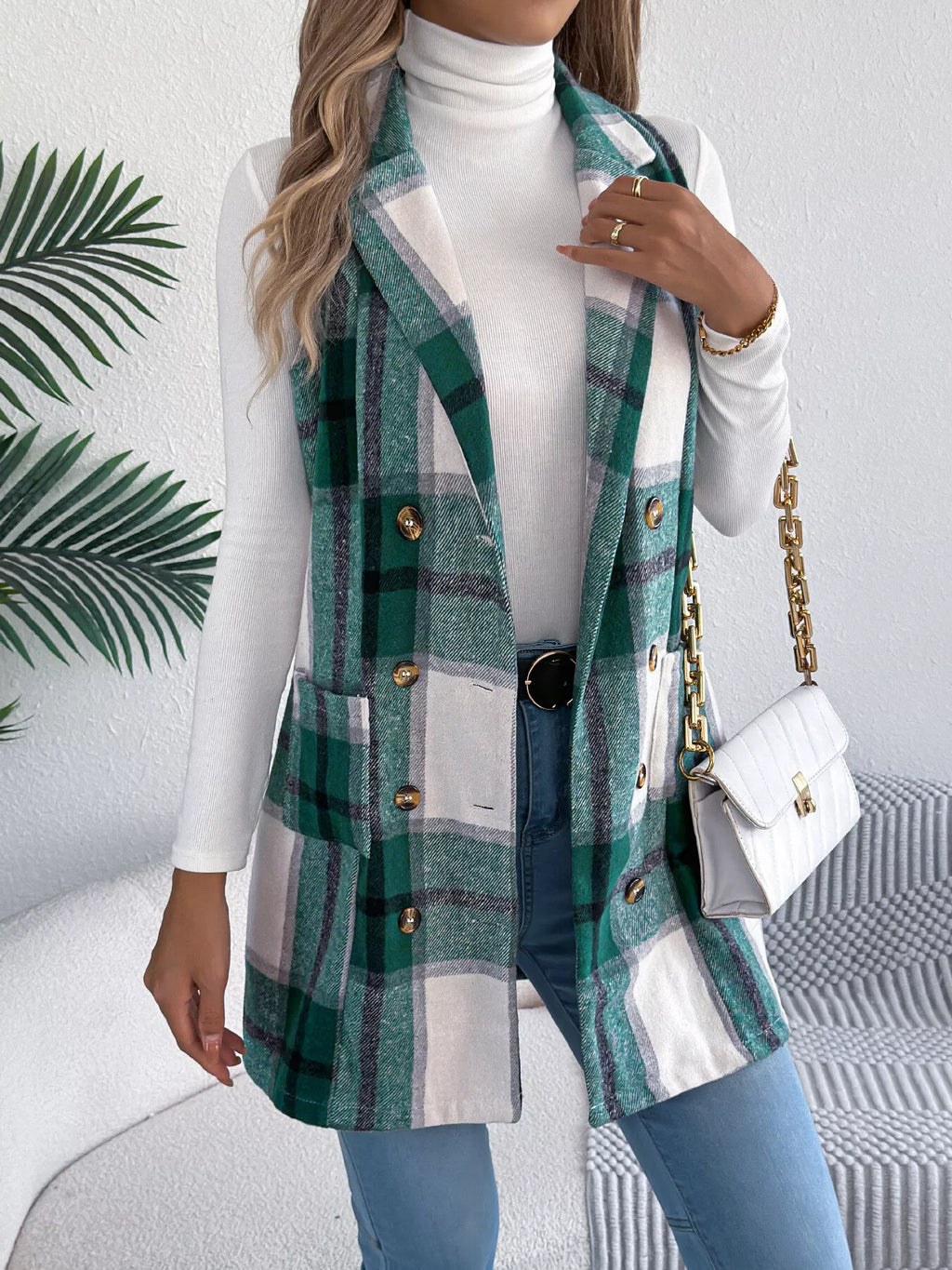 Plaid Double-Breasted Vest Coat