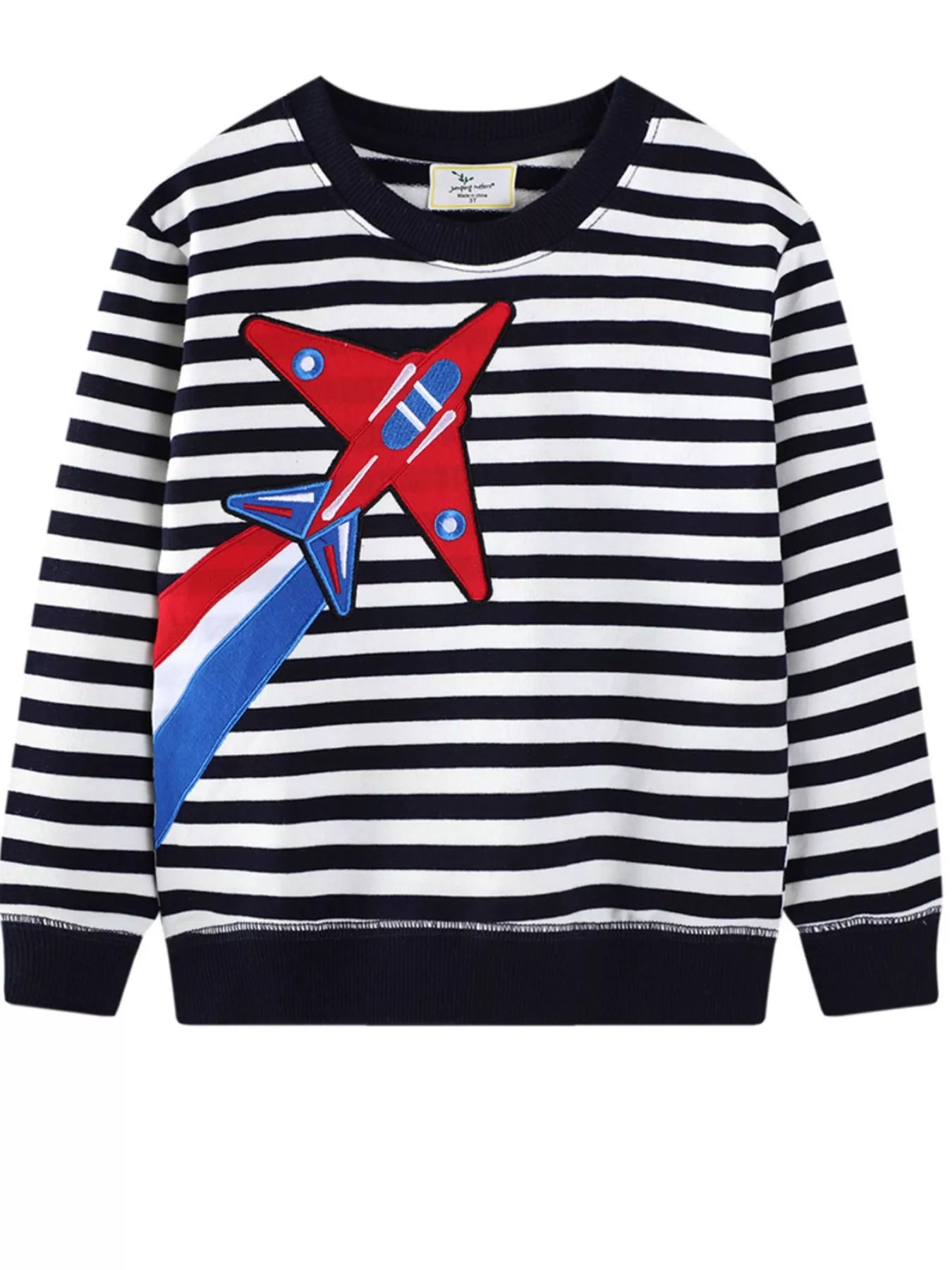 Children's Striped Airplane Applique Crewneck Sweatshirt