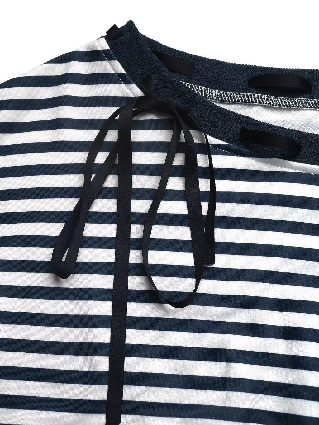 Striped Off-Shoulder Ribbon Accent Sweatshirt