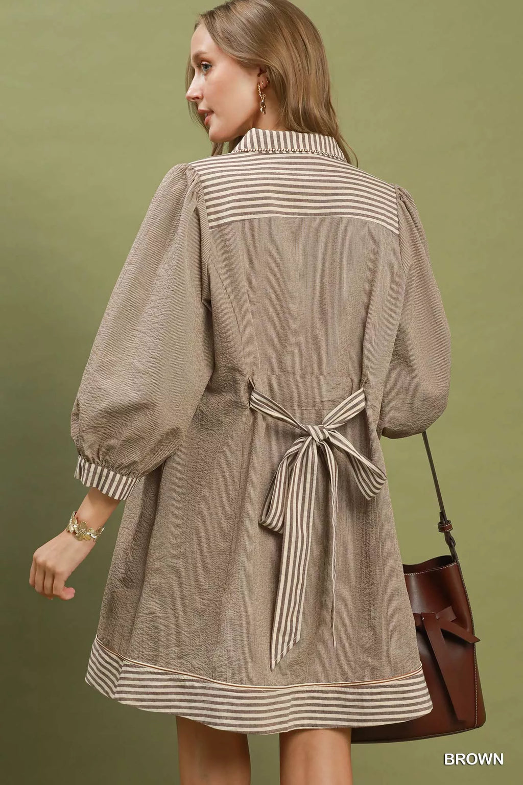 Umgee Striped Contrast Belted Puff Sleeve Mini Dress