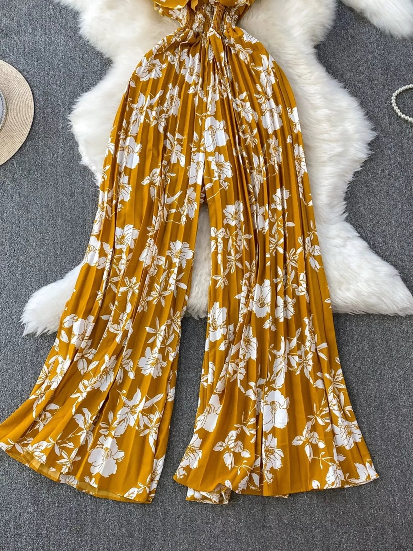 Floral Print Wide Leg Pleated Jumpsuit