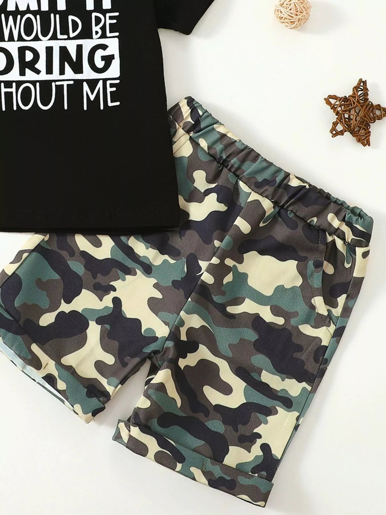 Children's Letter Graphic Tee and Camouflage Shorts Set