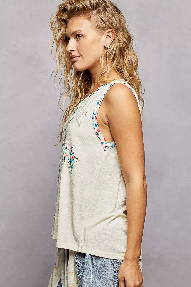 POL Floral Print Star Patch V-Neck Ribbed Tank