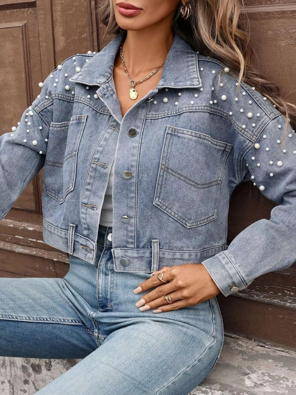 Pearl Embellished Cropped Denim Jacket