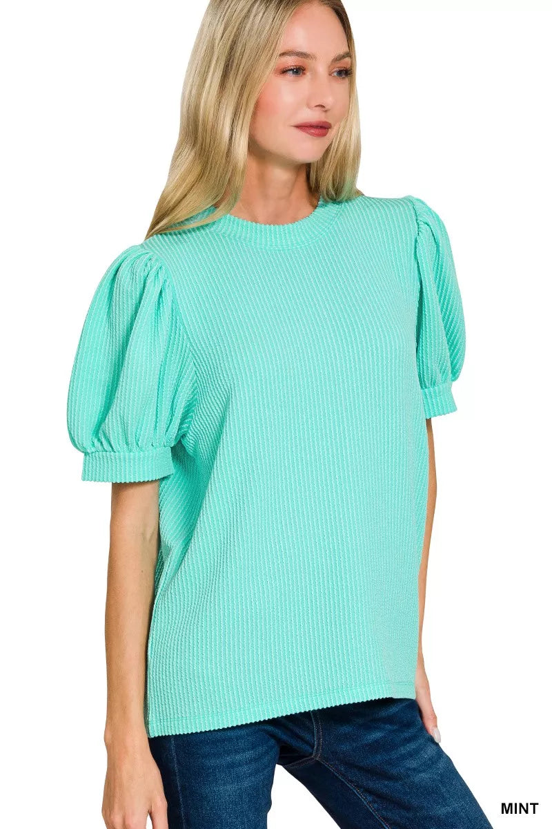 Zenana Raised Rib Puff Sleeve Top